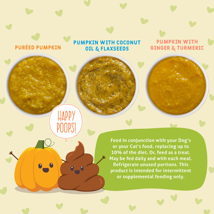 Weruva’s Pumpkin Pumpkin, What’s Your Function?! Variety Pack is displayed—three homemade pumpkin purees for pets: pure pumpkin, pumpkin with coconut oil & flaxseeds, and with ginger & turmeric. Illustrated pumpkin and poop highlight digestion benefits.