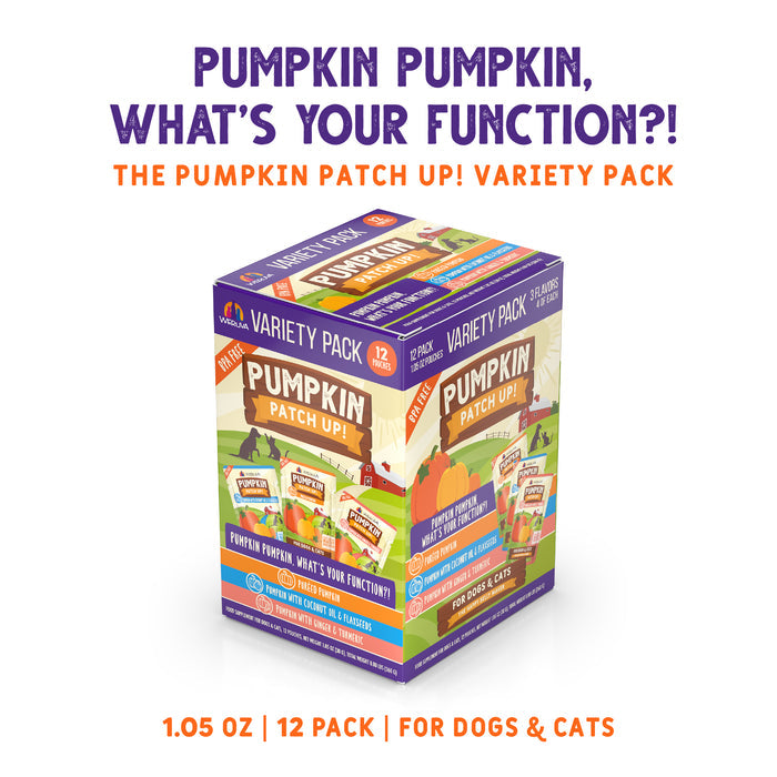 A 12-pack box of Weruva “Pumpkin Pumpkin, What's Your Function?!” pet food toppers for dogs and cats, featuring pumpkin to help support healthy digestion. Colorful packaging shows pumpkins, pets, and the 1.05 oz size.