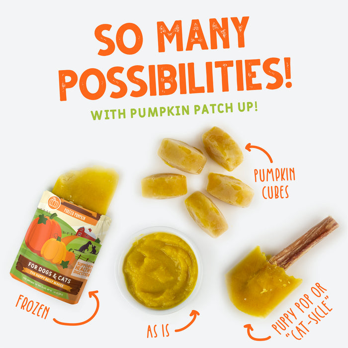 A Weruva Pumpkin Pumpkin, What's Your Function?! Variety Pack sits beside three ways to use it: as-is, frozen cubes, or spread on a chew stick. Text: "So many possibilities! Healthy digestion for pets with pumpkin!.