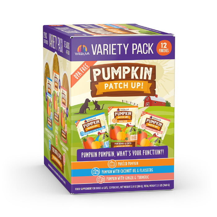A box of Weruva's "Pumpkin Pumpkin, What's Your Function?!" Variety Pack displays pumpkins, produce, and a barn, featuring pumpkin for healthy pet digestion with flavors like coconut oil, flaxseeds, ginger, and turmeric.
