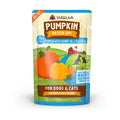 A pouch of Weruva Pumpkin with Coconut Oil & Flaxseeds for dogs and cats, featuring pumpkins and a farm scene, provides pumpkin digestive support plus omega fatty acids from coconut oil and flaxseeds for healthy pet digestion.
