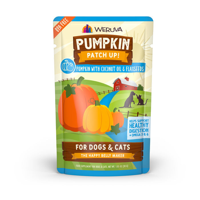 A pouch of Weruva Pumpkin with Coconut Oil & Flaxseeds for dogs and cats, featuring pumpkins and a farm scene, provides pumpkin digestive support plus omega fatty acids from coconut oil and flaxseeds for healthy pet digestion.