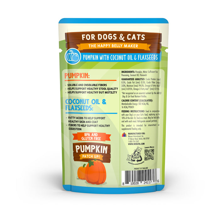 Back of Weruva's "Pumpkin with Coconut Oil & Flaxseeds" pet food pouch for dogs and cats, showing pumpkin digestive support, omega fatty acids benefits, ingredients list, and pumpkin illustrations.