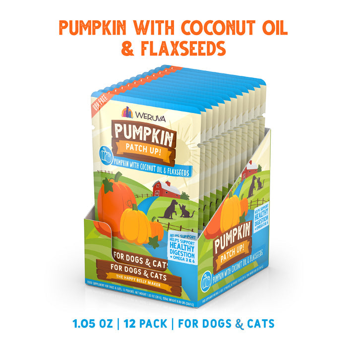 Weruva Pumpkin with Coconut Oil & Flaxseeds pouches for dogs and cats support healthy digestion. The display box features farm-themed packaging and highlights pumpkin digestive benefits.