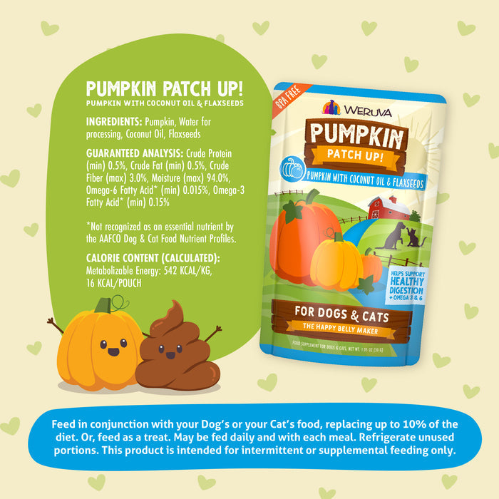 Weruva's "Pumpkin with Coconut Oil & Flaxseeds" pouch features a colorful label with cartoon pumpkins, a cat and dog, highlighting digestive support from pumpkin, plus coconut oil, flaxseeds, and key nutrition details for pets.