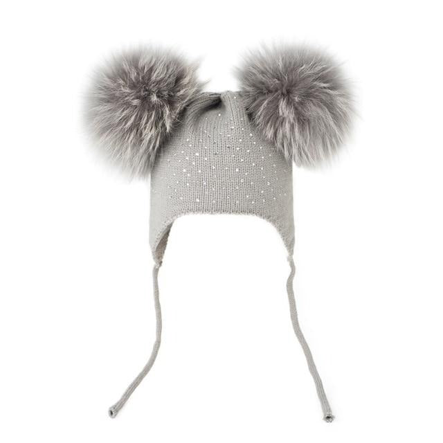 Raccoon Fur Pompoms Beanie