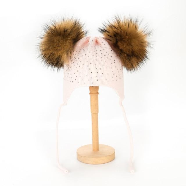 Raccoon Fur Pompoms Beanie