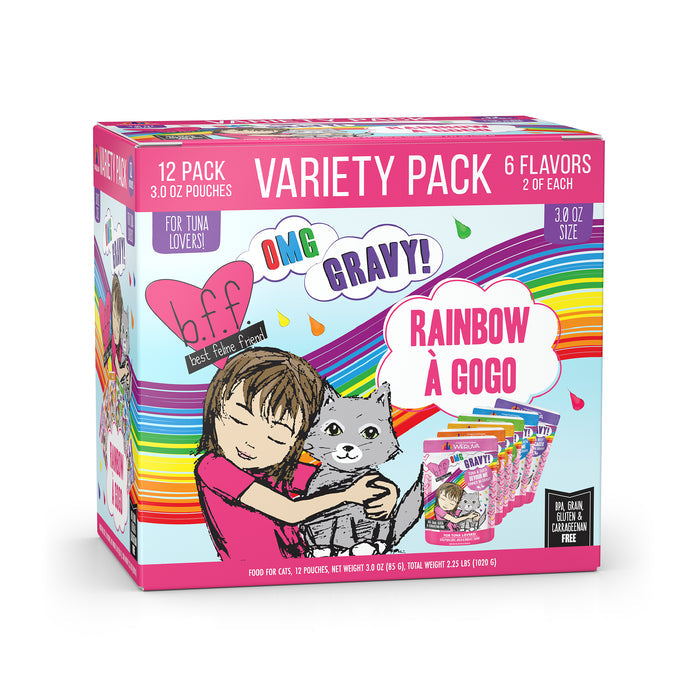 A vibrant box of BFF Best Feline Friend Rainbow À Gogo cat food showcases a girl and her gray cat, featuring bold text about 6 tasty flavors and 12 pouches with premium meat cuts—ideal for tuna-loving cats.