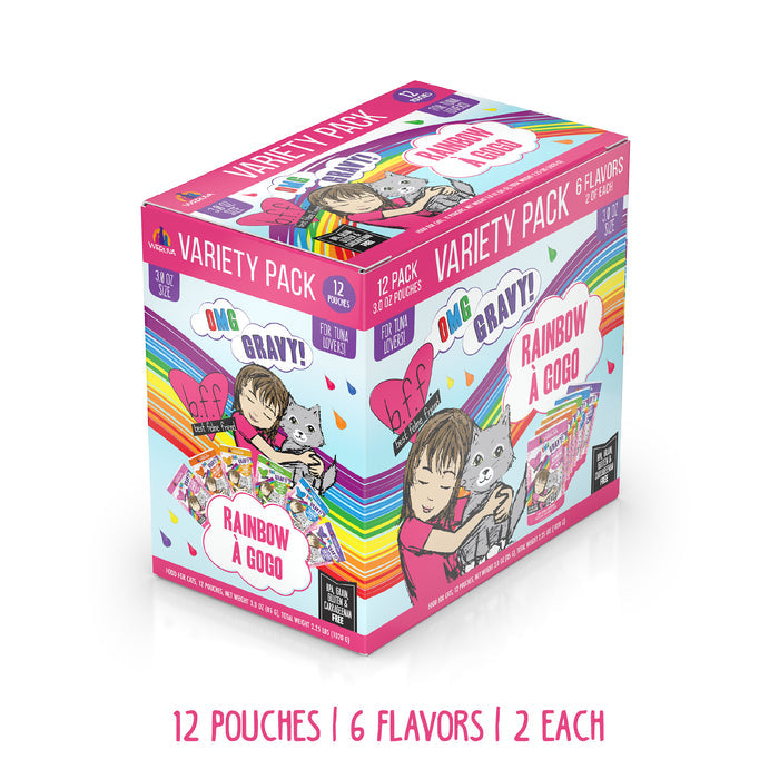 BFF Best Feline Friend Rainbow À Gogo Variety Pack includes 12 gravy pouches in 6 tuna flavors with premium meat cuts. The colorful box features a girl hugging a cat with rainbow backgrounds.