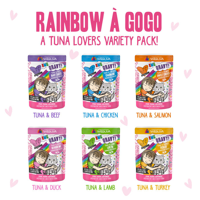 Six packets of BFF Best Feline Friend Rainbow À Gogo cat food are shown in two rows. Each features fun cartoon art and highlights premium cuts: Tuna & Beef, Chicken, Salmon, Duck, Lamb, and Turkey—ideal for any tuna fan.