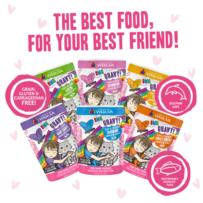 Six colorful pouches of BFF Best Feline Friend Rainbow À Gogo, featuring illustrated cats and playful hearts. High-quality meat cuts, grain, gluten & carrageenan free, dolphin safe, with sustainably sourced tuna—perfect for any tuna-loving cat!.