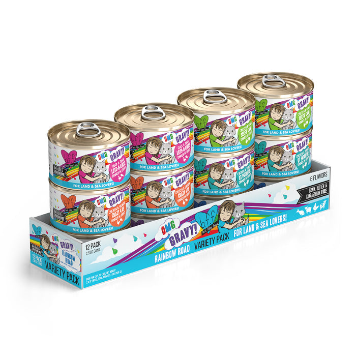 The BFF Best Feline Friend Rainbow Road Variety Pack offers a 12-pack of grain-free gravy canned cat food in assorted flavors with colorful, cartoon-themed labels—perfect for cats who love tasty land and sea-inspired meals.