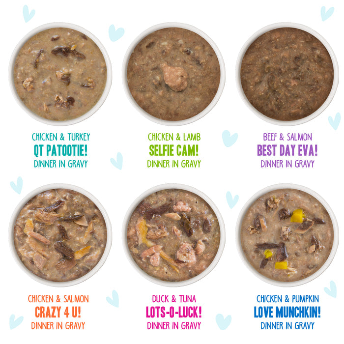 Six round cans of BFF Best Feline Friend Rainbow Road dinners, each grain free and featuring playful names and unique meat combos, are arranged in two rows on a white background with small blue hearts.