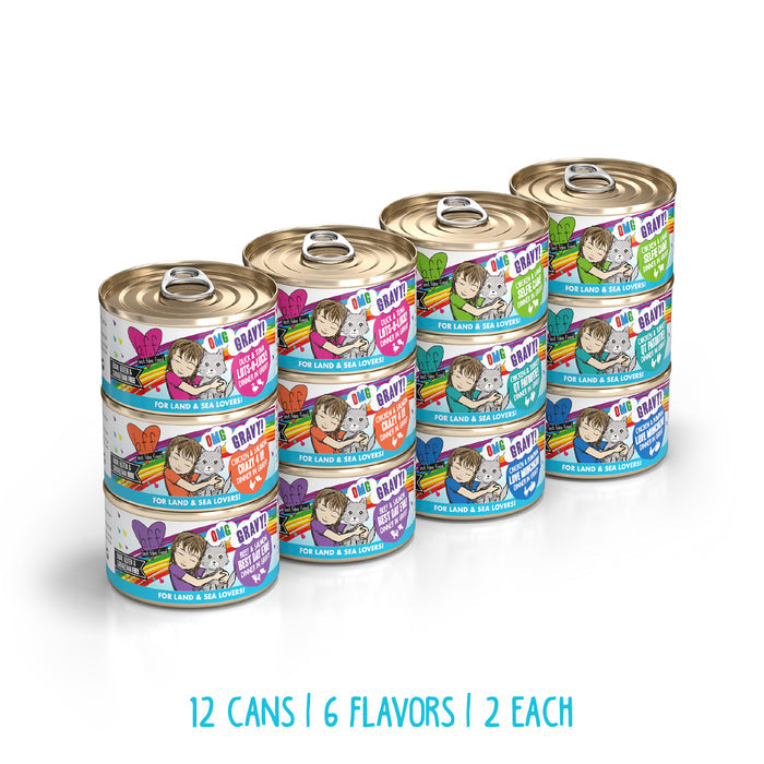 Twelve cans of BFF Best Feline Friend Rainbow Road cat food in six grain-free flavors are stacked together, each featuring colorful labels with cats and flavor images. Blue text: 12 cans | 6 flavors | 2 each. Perfect for gravy-loving cats!.