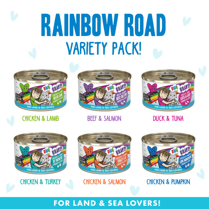 Six cans of BFF Best Feline Friend Rainbow Road cat food in flavors like Chicken & Lamb, Beef & Salmon, and Duck & Tuna. Great for gravy-loving cats! The image features hearts and blue "BFF OMG Gravy" text.