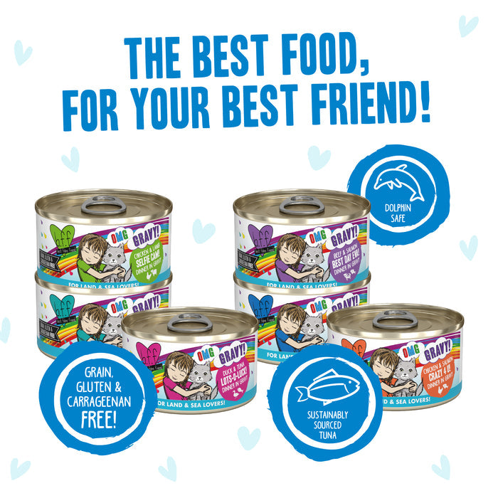 A group of colorful cat food cans is shown with the text “The best food, for your best friend!” Featuring BFF Best Feline Friend Rainbow Road, it’s grain free, dolphin safe, and made with sustainably sourced tuna.