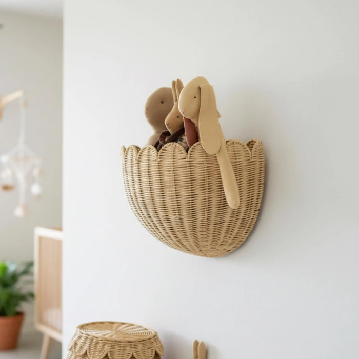 Scalloped Wicker Wall Basket Hand-Woven Rattan, Hand Woven Rattan Wall Hanging | Boho Nursery Storage