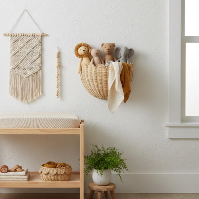 Scalloped Wicker Wall Basket Hand-Woven Rattan, Hand Woven Rattan Wall Hanging | Boho Nursery Storage