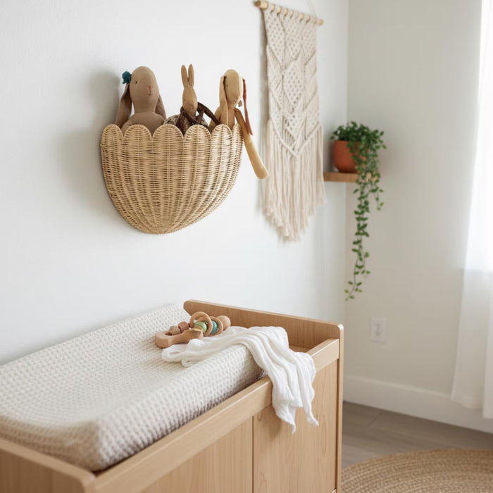Scalloped Wicker Wall Basket Hand-Woven Rattan, Hand Woven Rattan Wall Hanging | Boho Nursery Storage