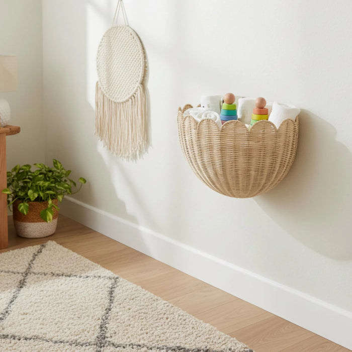 Scalloped Wicker Wall Basket Hand-Woven Rattan, Hand Woven Rattan Wall Hanging | Boho Nursery Storage