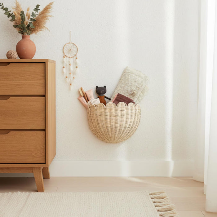 Scalloped Wicker Wall Basket Hand-Woven Rattan, Hand Woven Rattan Wall Hanging | Boho Nursery Storage