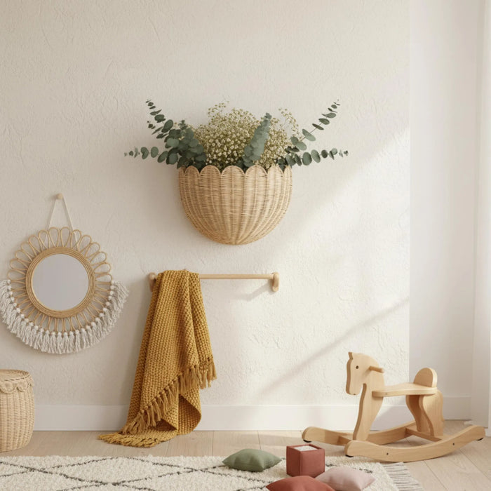 Scalloped Wicker Wall Basket Hand-Woven Rattan, Hand Woven Rattan Wall Hanging | Boho Nursery Storage