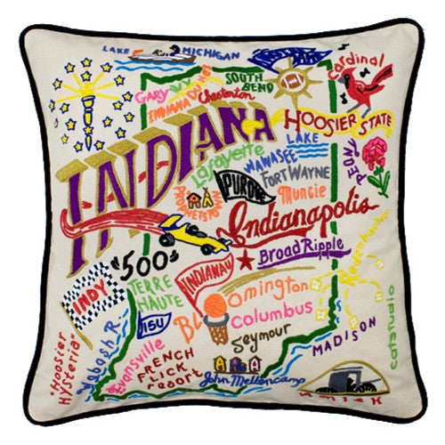 State of Indiana Hand-Embroidered Pillow