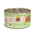 Weruva Stewy Lewis cat food features grass-fed lamb, chicken, and wild-caught salmon in gravy. Its green and beige label notes it's grain-free, gluten-free, carrageenan-free, and packed with omega-3 fatty acids.