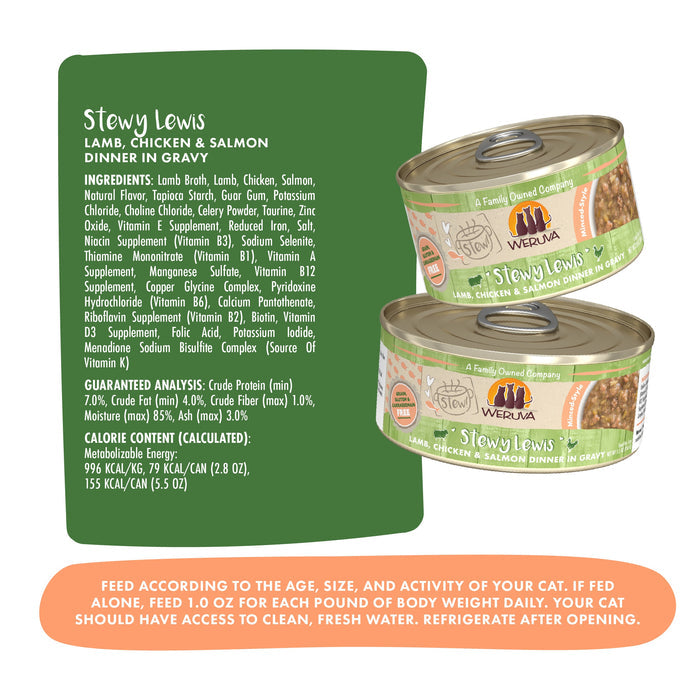 Two cans of Weruva Stewy Lewis cat food are displayed. Their green labels feature grass-fed lamb, chicken, wild-caught salmon in gravy, plus ingredients, guaranteed analysis with omega-3s, calorie info, and feeding instructions.