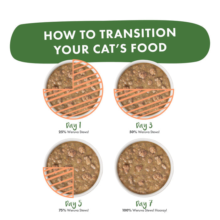 Infographic: Transition your cat to Weruva Stewy Lewis over 7 days—features grass-fed lamb & wild-caught salmon rich in omega-3. Day 1: 25% new food, Day 3: 50%, Day 5: 75%, Day 7: all Stewy Lewis in the bowl.