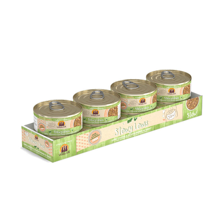 Four cans of Weruva Stewy Lewis cat food in a green and white tray, each with a pull-tab lid and beige label. Made with wild-caught salmon rich in omega-3s.