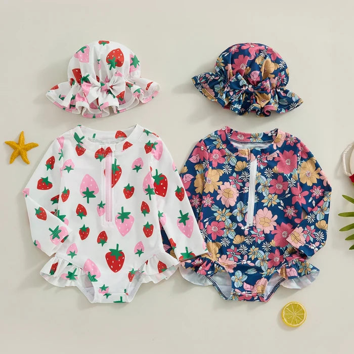 Strawberry & Flowers Girls Swimsuits - Cozy Nursery