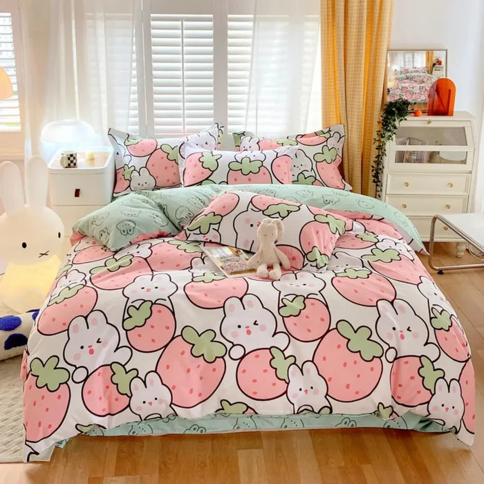 Strawberry Rabbit Flower Duvet Cover Set - Cozy Nursery