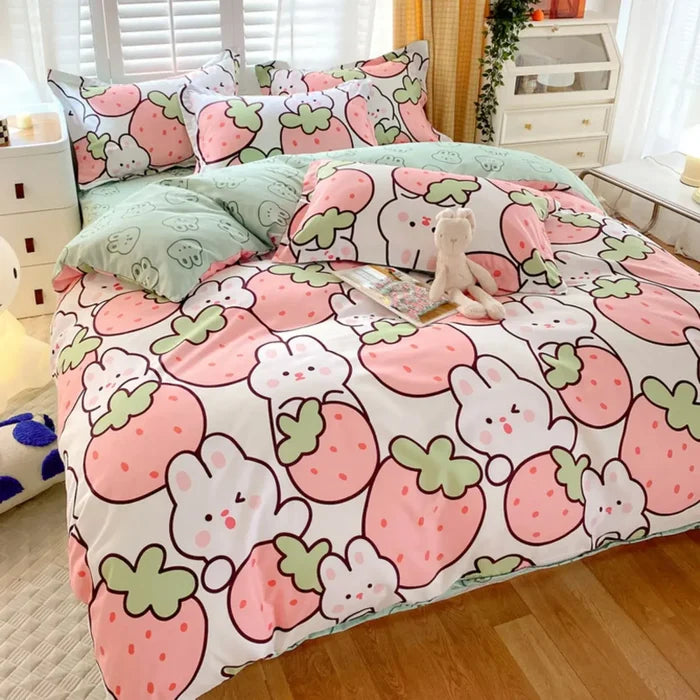 Strawberry Rabbit Flower Duvet Cover Set - Cozy Nursery