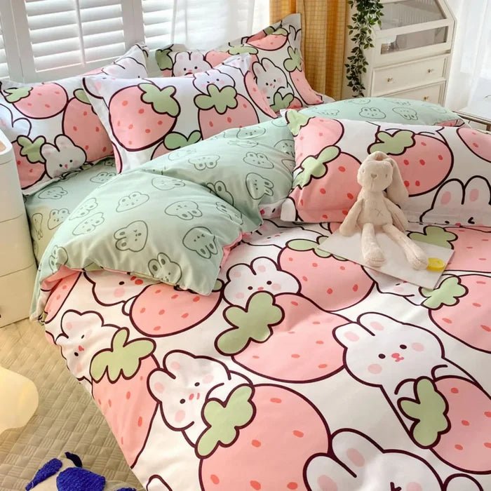 Strawberry Rabbit Flower Duvet Cover Set - Cozy Nursery
