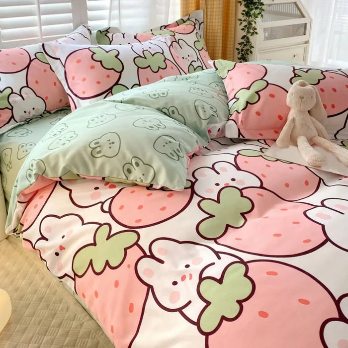 Strawberry Rabbit Flower Duvet Cover Set - Cozy Nursery
