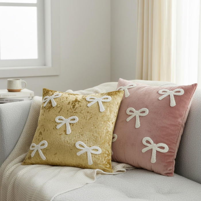 Velvet Bow Cushion Cover – Luxury Decorative St Valentines Pillow for Cozy Modern Homes