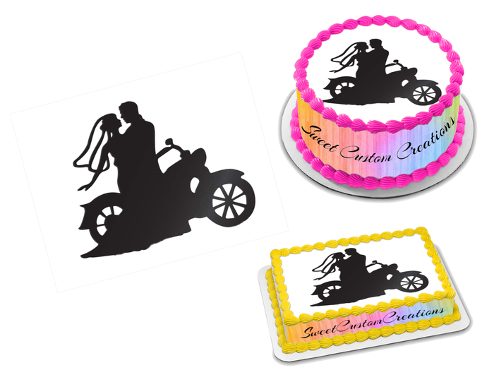 Wedding Bride and Groom Motorcycle Silhouette Edible Image Frosting Sheet #2 (70+ sizes)