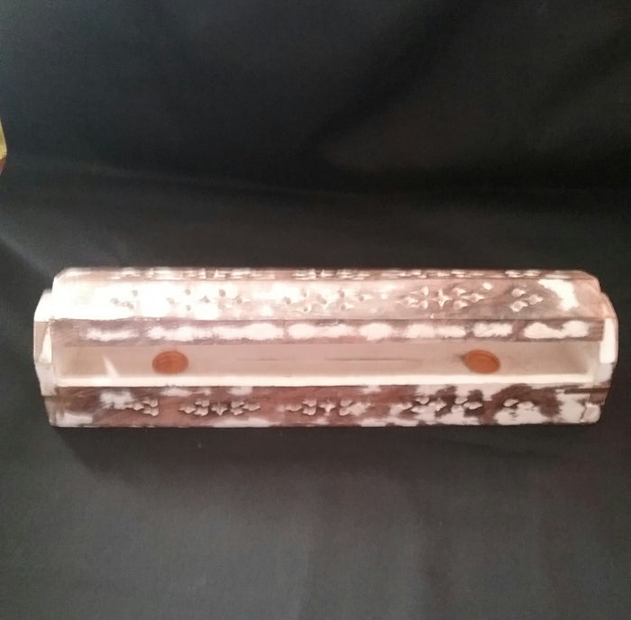WHITE WASHED COFFIN BOX INCENSE BURNER